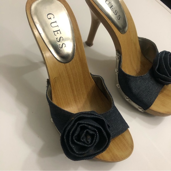 GUESS Wooden Clogs Heel Sandals - Dark Blue Denim with Flowers - Picture 7 of 10